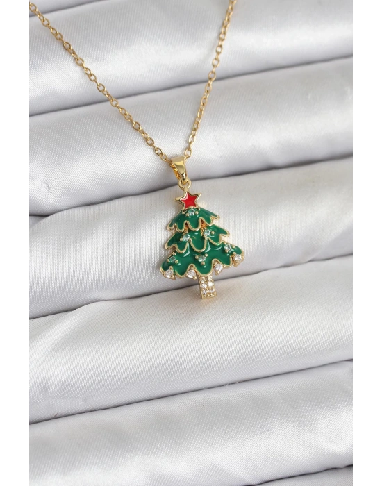 316L Çelik Zincir Gold Renk Çam Ağacı Model Yılbaşı Temalı Kadın Kolye