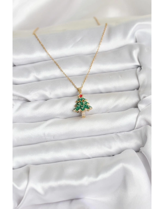 316L Çelik Zincir Gold Renk Çam Ağacı Model Yılbaşı Temalı Kadın Kolye