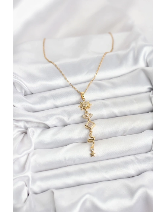 316L Çelik Zincir Gold Renk Güneş ve Enerji Model Kadın Y Kolye