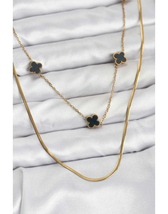 316L Çelik Zincir Gold Renk İtalyan Zincirli Siyah Yonca Model Kadın Kolye