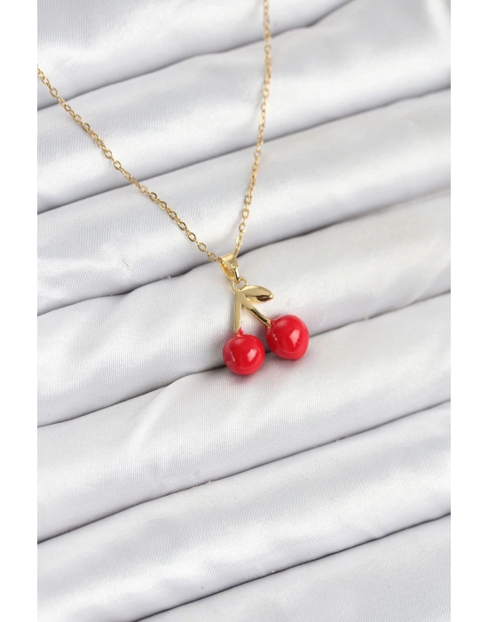316L Çelik Zincir Gold Renk Kiraz Model Kadın Kolye