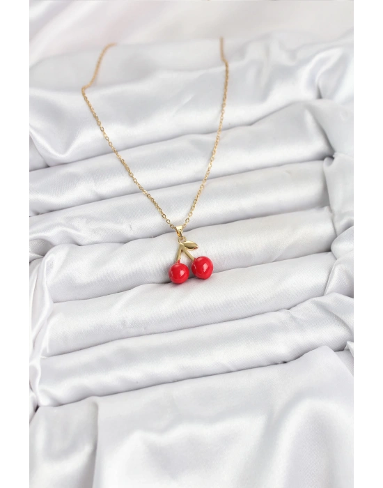 316L Çelik Zincir Gold Renk Kiraz Model Kadın Kolye