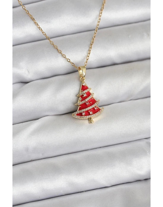 316L Çelik Zincir Gold Renk Kırmızı Çam Ağacı Model Yılbaşı Temalı Kadın Kolye