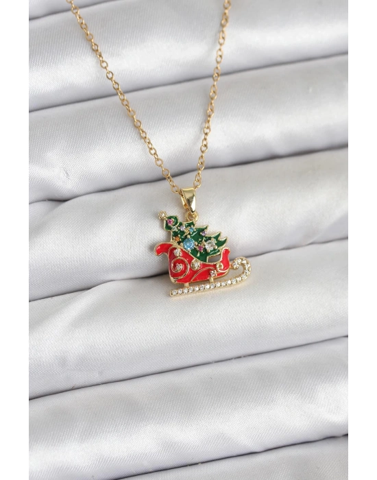 316L Çelik Zincir Gold Renk Kızak ve Çam Ağacı Figürlü Yılbaşı Temalı Kadın Kolye