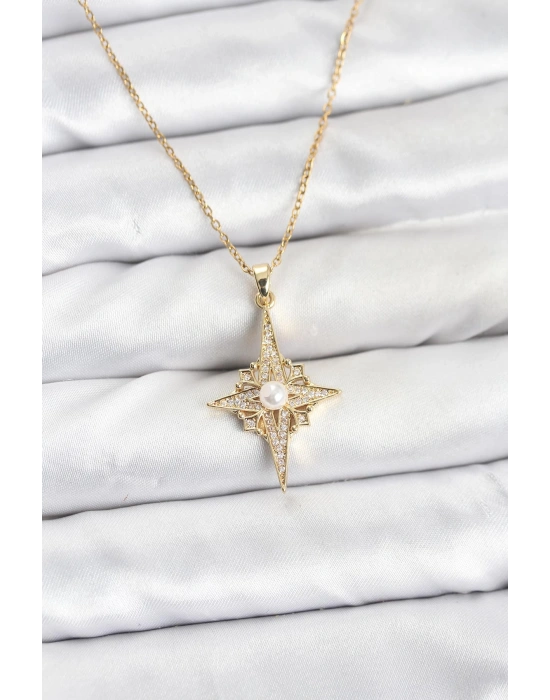 316L Çelik Zincir Gold Renk Kutup Yıldızı Model Zirkon Taşlı Kadın Kolye
