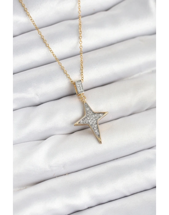 316L Çelik Zincir Gold Renk Kutup Yıldızı Model Zirkon Taşlı Kadın Kolye