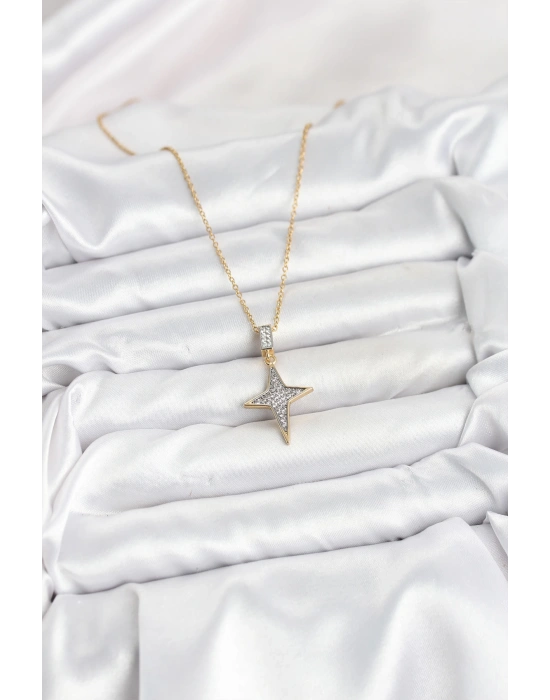 316L Çelik Zincir Gold Renk Kutup Yıldızı Model Zirkon Taşlı Kadın Kolye