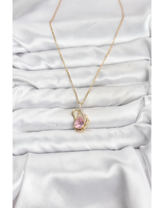 316L Çelik Zincir Gold Renk Pembe Kuğu Model Zirkon Taşlı Kadın Kolye