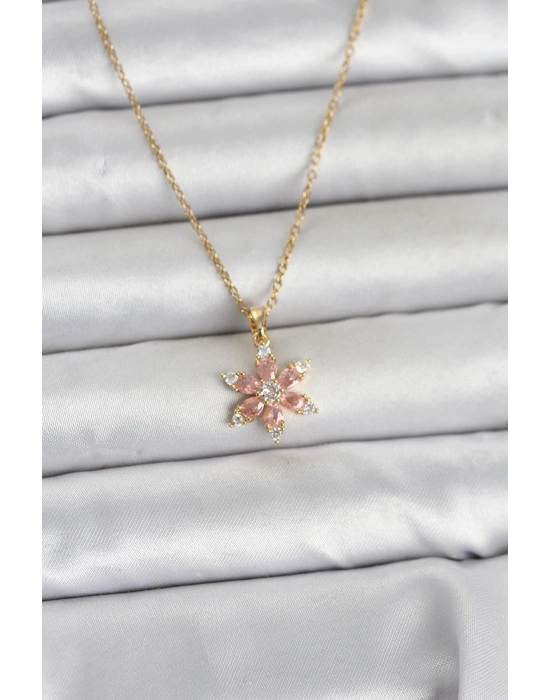 316L Çelik Zincir Gold Renk Pembe Lotus Model Kadın Kolye
