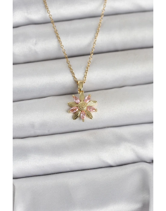 316L Çelik Zincir Gold Renk Pembe Papatya Model Kadın Kolye