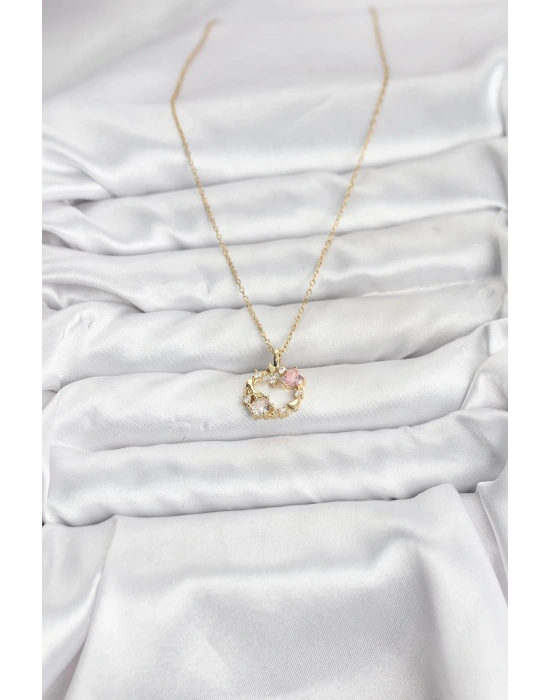 316L Çelik Zincir Gold Renk Pembe Taş Detaylı Çelenk Model Kadın Kolye
