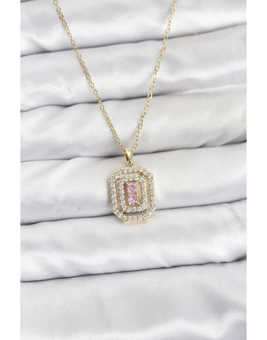 316L Çelik Zincir Gold Renk Plaka Model Zirkon Taşlı Kadın Kolye