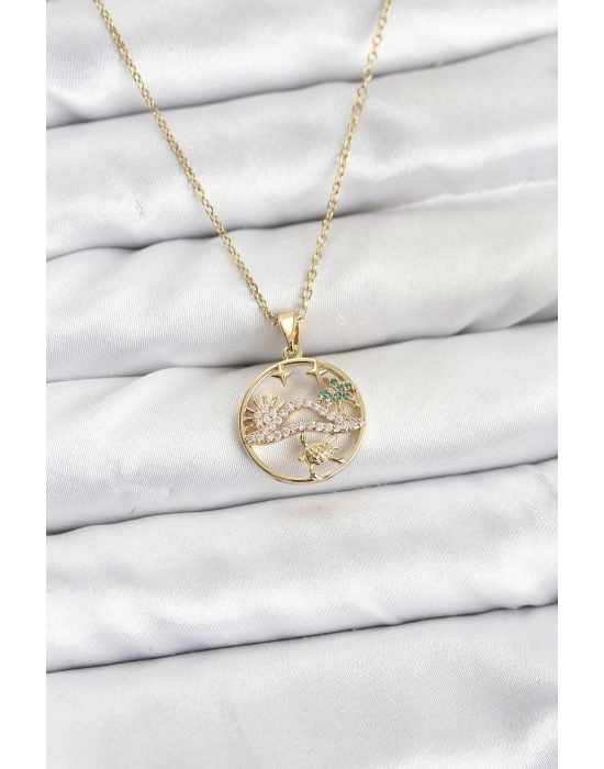 316L Çelik Zincir Gold Renk Şans Kolyesi Model Zirkon Taşlı Kadın Kolye