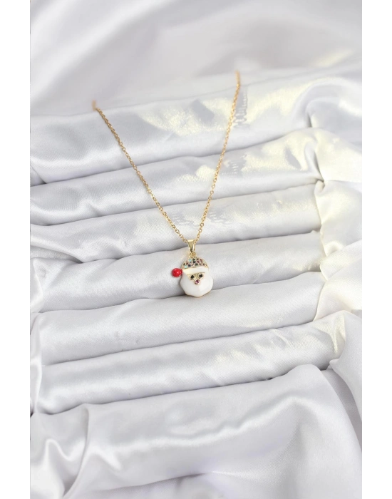 316L Çelik Zincir Gold Renk Şapkalı Kardan Adam Kafası Model Yılbaşı Temalı Kadın Kolye