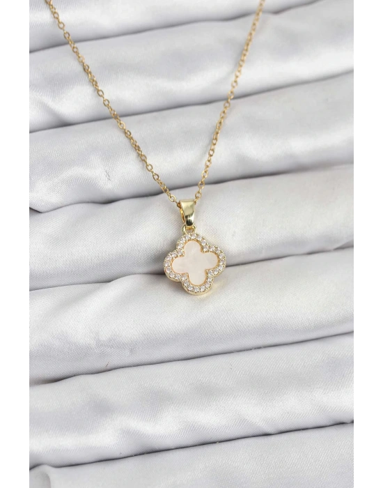 316L Çelik Zincir Gold Renk Sedefli Yonca Kadın Kolye