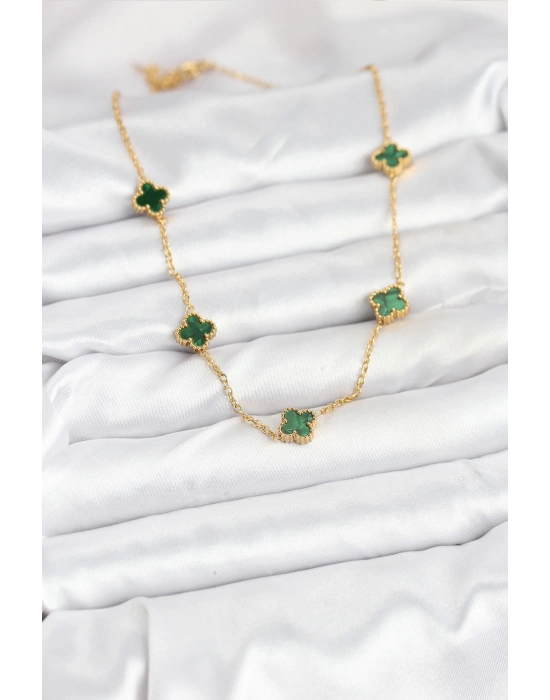 316L Çelik Zincir Gold Renk Yeşil Baby Boy Yonca Kadın Kolye