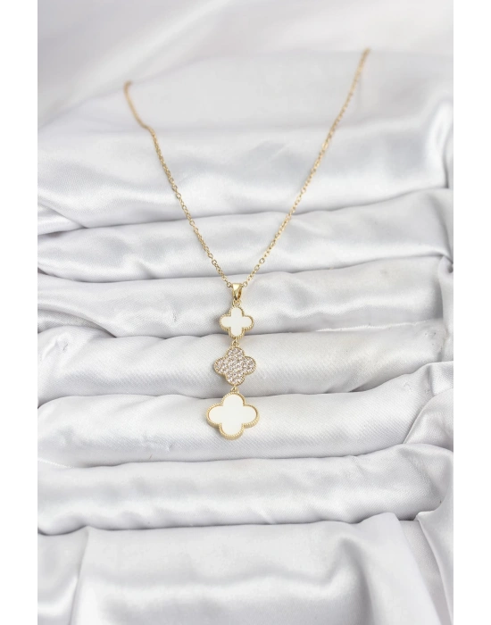 316L Çelik Zincir Gold Renk Yonca Detaylı Zirkon Taşlı Kadın Kolye