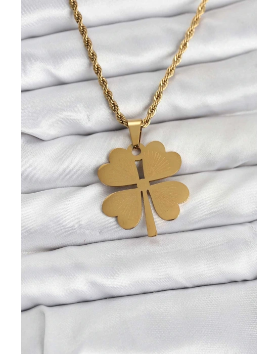 316L Çelik Zincir Gold Renk Yonca Model 60 cm Kadın Kolye