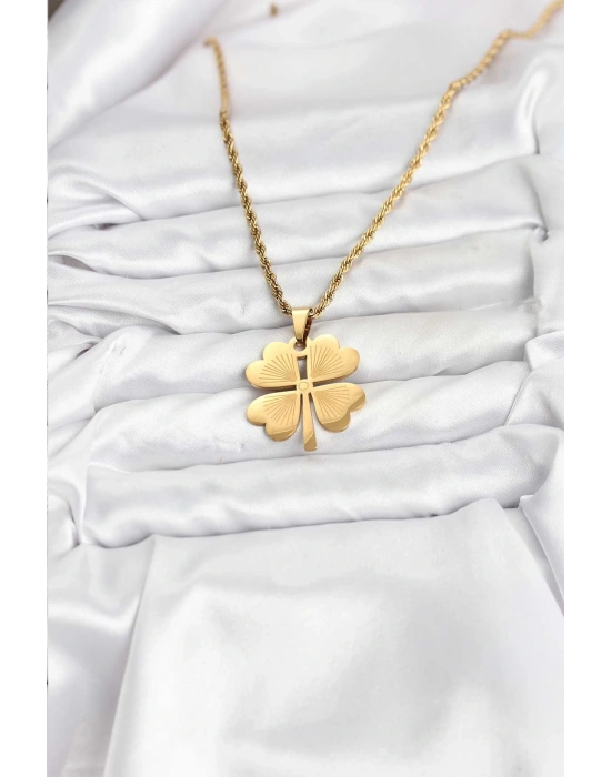 316L Çelik Zincir Gold Renk Yonca Model 60 cm Kadın Kolye