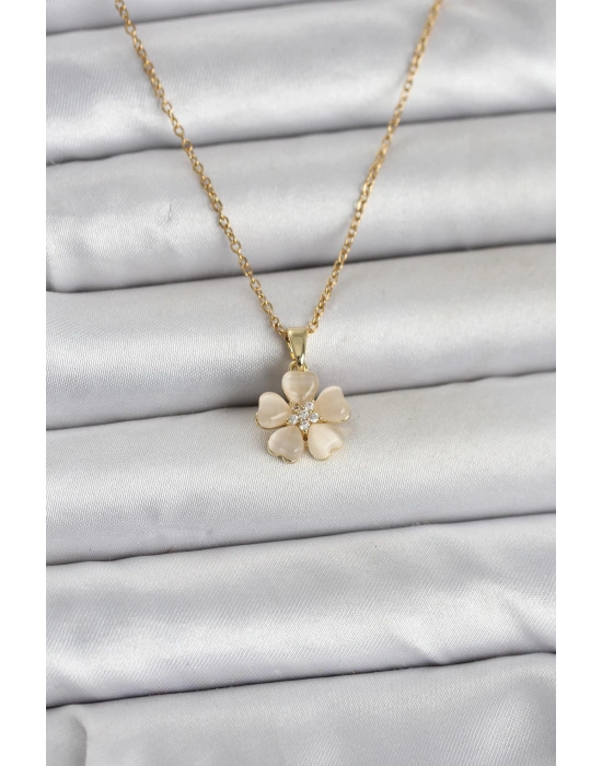 316L Çelik Zincir Gold Renk Yonca Model Kadın Kolye