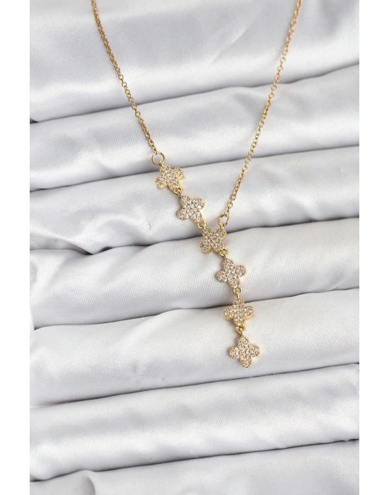 316L Çelik Zincir Gold Renk Yonca Model Kadın Kolye