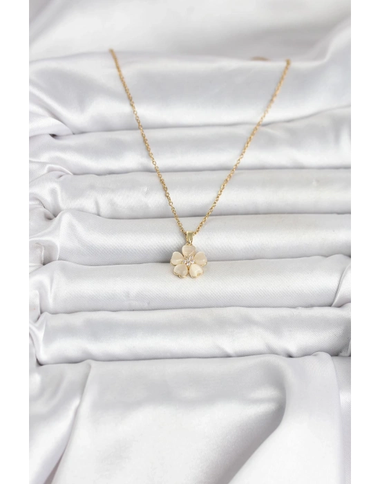 316L Çelik Zincir Gold Renk Yonca Model Kadın Kolye