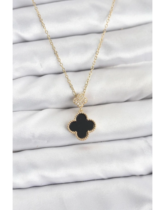 316L Çelik Zincir Gold Renk Yonca Model Zirkon Taşlı Kadın Kolye