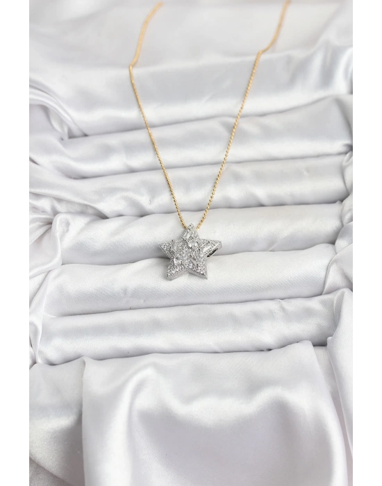 316L Çelik Zincir Gold Renk Zincirli Gümüş Yıldız Model Kadın Kolye