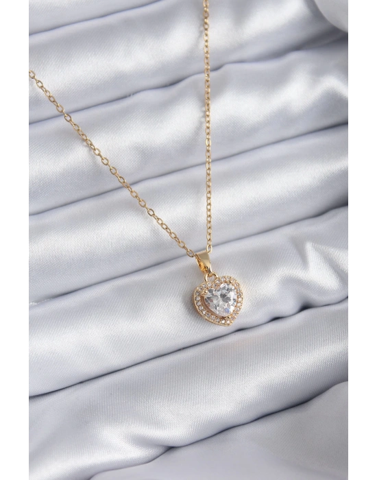 316L Çelik Zincir Gold Renk Zirkon Taşlı Kalp Model Charm Kadın Kolye