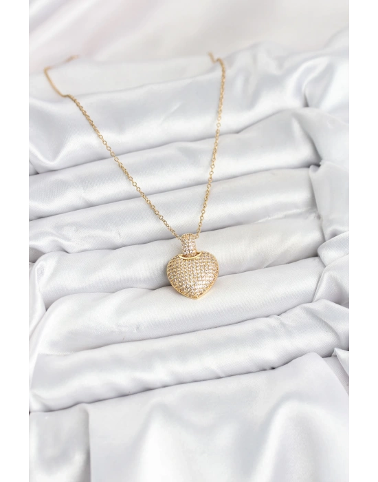 316L Çelik Zincir Gold Renk Zirkon Taşlı Kalpli Kadın Kolye