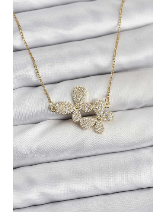 316L Çelik Zincir Gold Renk Zirkon Taşlı Kelebek Model Kadın Kolye