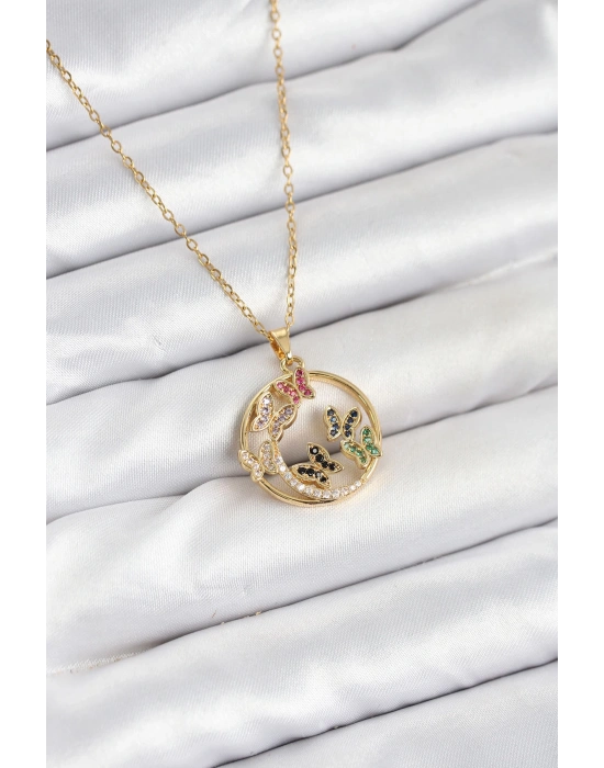 316L Çelik Zincir Gold Renk Zirkon Taşlı Kelebekli Kadın Kolye