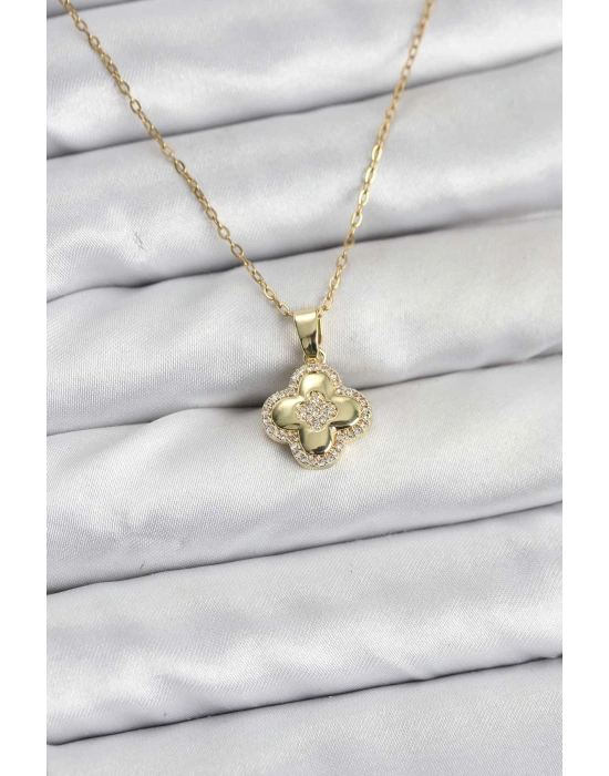 316L Çelik Zincir Gold Renk Zirkon Taşlı Yonca Model Kadın Kolye