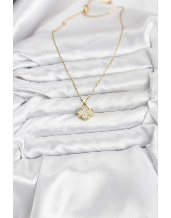 316L Çelik Zincir Gold Renk Zirkon Taşlı Yonca Model Kadın Kolye