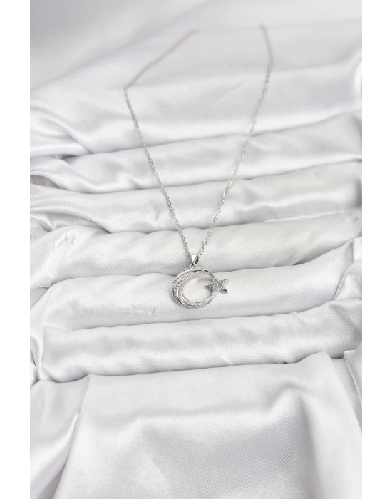 316L Çelik Zincir Gümüş Renk Ay Yıldız Model Zirkon Taşlı Kadın Kolye