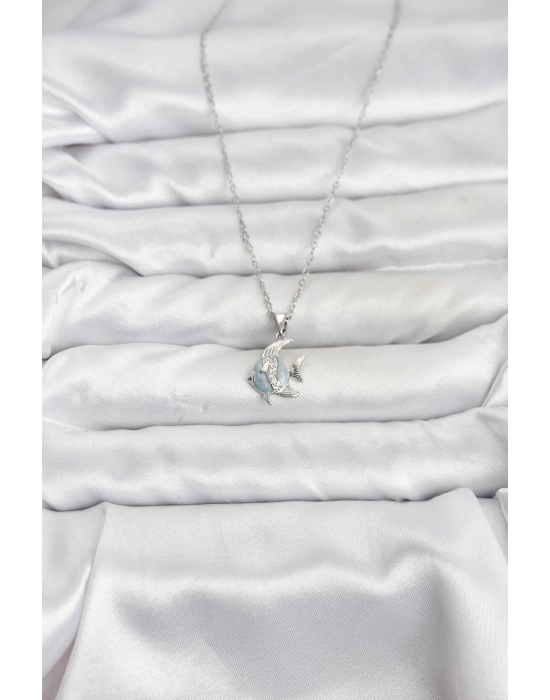 316L Çelik Zincir Gümüş Renk Balık Model Zirkon Taşlı Kadın Kolye