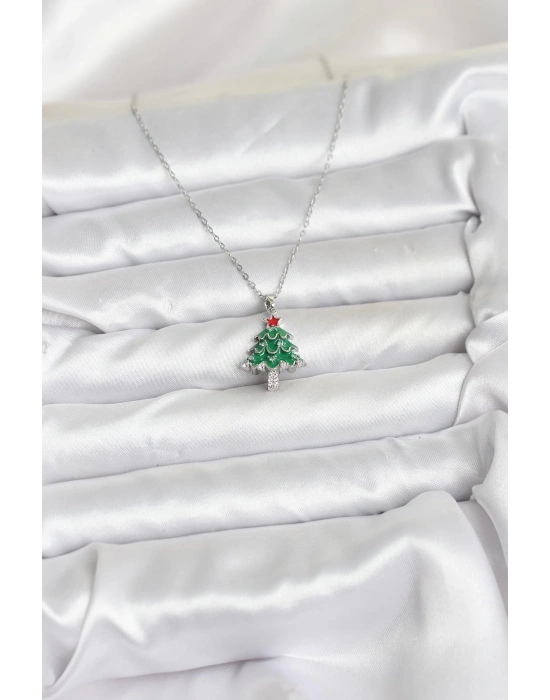 316L Çelik Zincir Gümüş Renk Çam Ağacı Model Yılbaşı Temalı Kadın Kolye