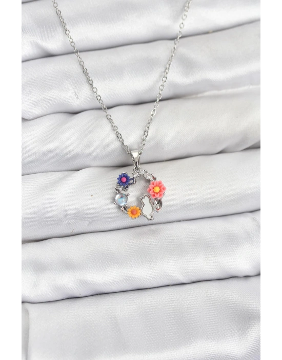 316L Çelik Zincir Gümüş Renk Çiçekli Kedili Model Kadın Kolye