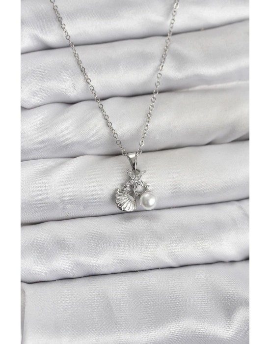 316L Çelik Zincir Gümüş Renk Deniz Kabuğu ve Deniz Yıldızı Model Zirkon Taşlı Kadın Kolye