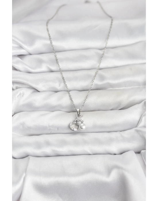 316L Çelik Zincir Gümüş Renk Deniz Kabuğu ve Deniz Yıldızı Model Zirkon Taşlı Kadın Kolye