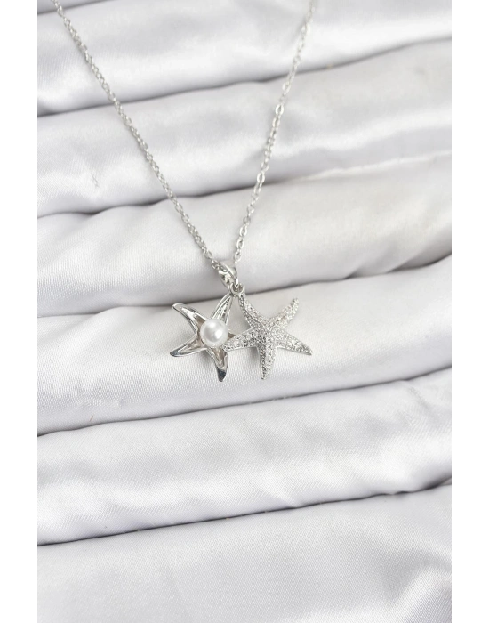 316L Çelik Zincir Gümüş Renk Deniz Yıldızı Model Zirkon Taşlı Kadın Kolye