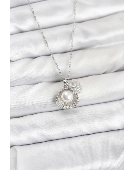 316L Çelik Zincir Gümüş Renk İncili Deniz Kabuğu Model Zirkon Taşlı Kadın Kolye