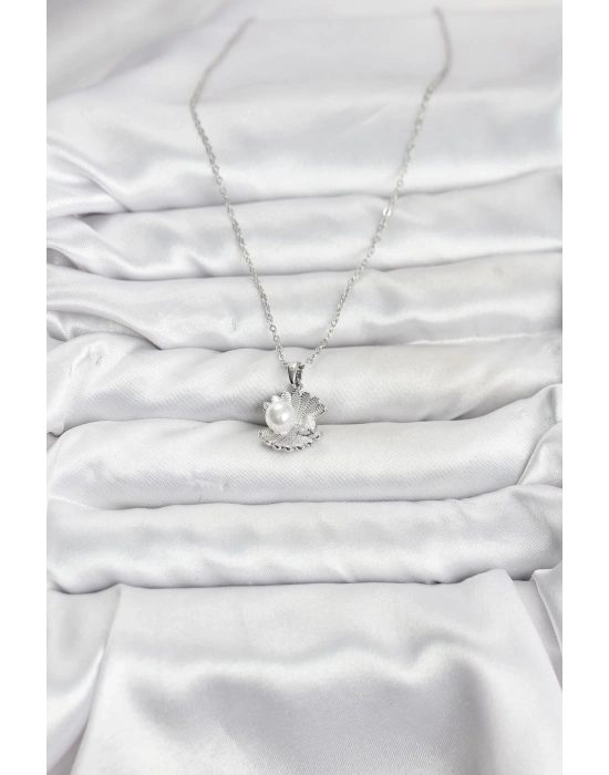 316L Çelik Zincir Gümüş Renk İstiridye İnci Model Zirkon Taşlı Kadın Kolye