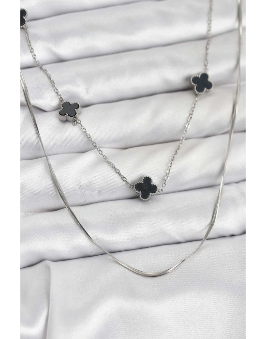 316L Çelik Zincir Gümüş Renk İtalyan Zincirli Siyah Yonca Model Kadın Kolye