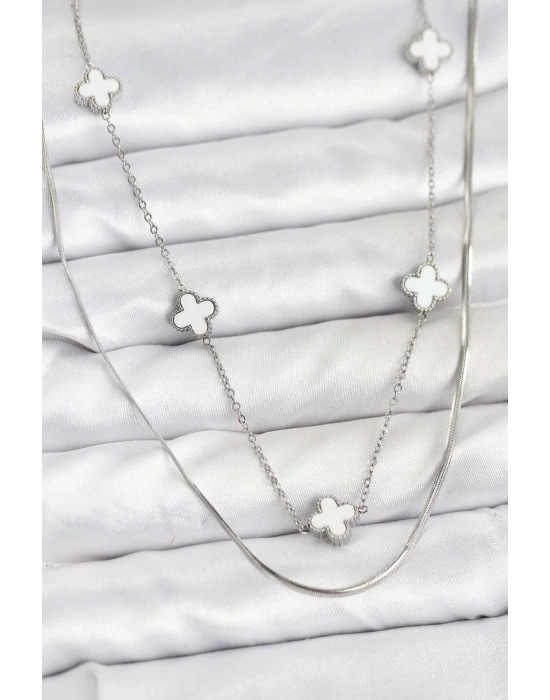 316L Çelik Zincir Gümüş Renk İtalyan Zincirli Yonca Model Kadın Kolye