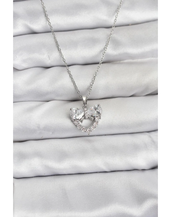 316L Çelik Zincir Gümüş Renk Kalp ve Fiyonk Model Zirkon Taşlı Kadın Kolye