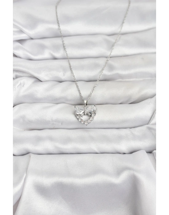 316L Çelik Zincir Gümüş Renk Kalp ve Fiyonk Model Zirkon Taşlı Kadın Kolye