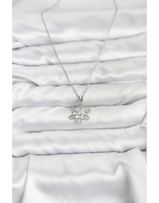 316L Çelik Zincir Gümüş Renk Kar Tanesi Model Zirkon Taşlı Kadın Kolye