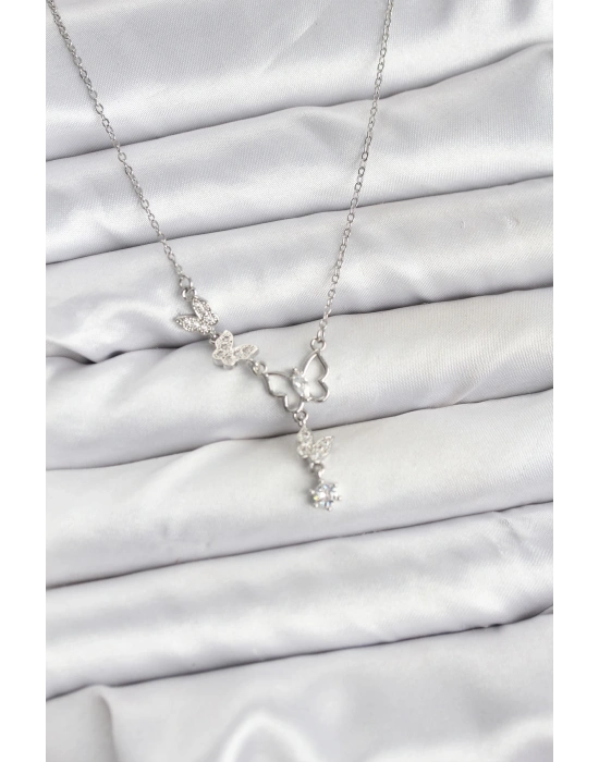 316L Çelik Zincir Gümüş Renk Kelebek Model Kadın Kolye