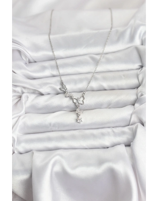 316L Çelik Zincir Gümüş Renk Kelebek Model Kadın Kolye